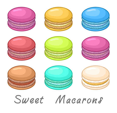 vector collection of colorful french macaron or macaroon icons isolated on white background. set of sweet dessert macarons cartoonのイラスト素材