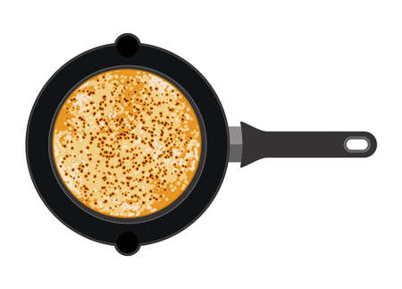 vector pan with pancake. breakfast, dinner or supper flat food icon isolated on white background. cooked crepe in metal black pan. pancake day illustrationのイラスト素材