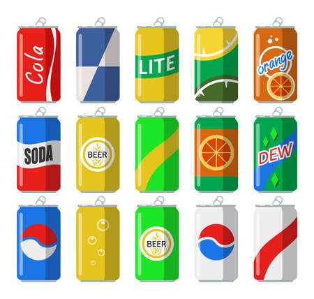 vector drink tin cans, aluminum colorful containers isolated on white background. flat soda, cola dew, beer and other drink can icons. eps10 illustrationのイラスト素材