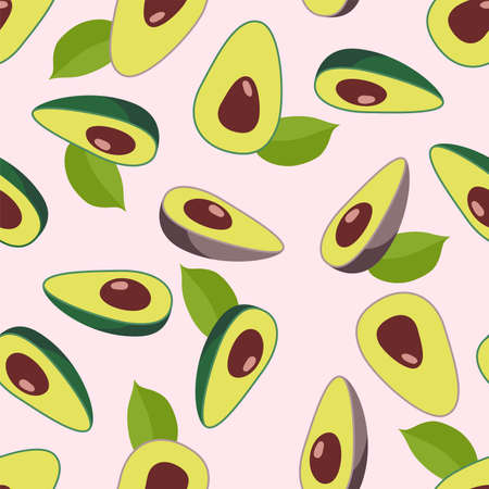 vector avocado seamless pattern. healthy organic food illustration. background of avocado fruit cuts with green leavesのイラスト素材