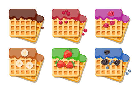 vector belgian waffles with colorful flowing honey, fruit and chocolate syrup isolated on white background. breakfast homemade waffle with fruits as sweet dessert food. top view, eps10 illustrationのイラスト素材