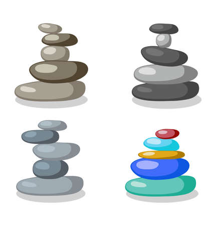 vector zen rock stones stack in balance. set of black, gray and colorful rocks in arrangement. smooth stone pebbles spa concept isolated on white background. zen relaxation conceptのイラスト素材