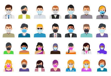 vector set of people in medical masks icons. business person flat illustration. man and woman symbols. people avatar collection isolated on white background. medical mask as virus danger protectionのイラスト素材