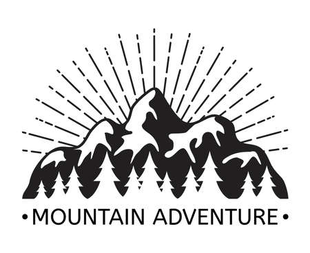 vector black and white mountain, trees and sun rays icon with mountain adventure text.のイラスト素材