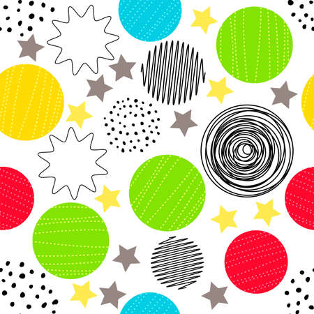 vector seamless background pattern with abstract geometric elements, circles, stars and thin line shapes. seamless texture design with circles, thin lines and dots. modern pattern for fabric textileのイラスト素材
