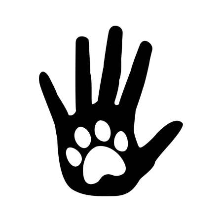 vector sign or symbol of dog or cat paw print in human palm silhouette. black and white icon of animal pet foot print on hand of a woman. human friendship with dog symbol  isolated on white backgroundのイラスト素材