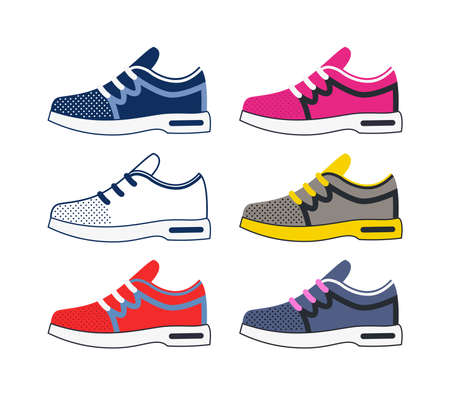 vector running shoe set, sport footwear icons isolated on white background. sport fashion athletic clothing. running shoes for jogging or walkingのイラスト素材