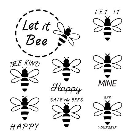 vector bee icons with text isolated on white background. flat bumblebee logo cartoon. honey bee simple illustrationのイラスト素材