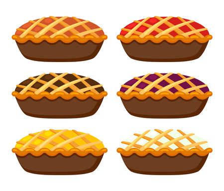 vector collection of homemade fruit and berry pies for christmas, thanksgivingÐ± birthday and all kinds of holidays. homemade crostata baking icons isolated on white backgroundのイラスト素材