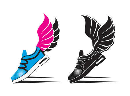 vector running shoe set with wings, sport footwear icons isolated on white background. sport fashion sneakers, athletic clothing. running shoes for jogging or walkingのイラスト素材