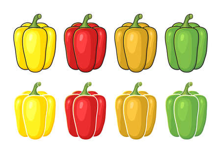 vector collection of yellow, red, orange and green bell peppers isolated on white background. whole bell pepper vegetables for healthy vegetarian food illustrationsのイラスト素材
