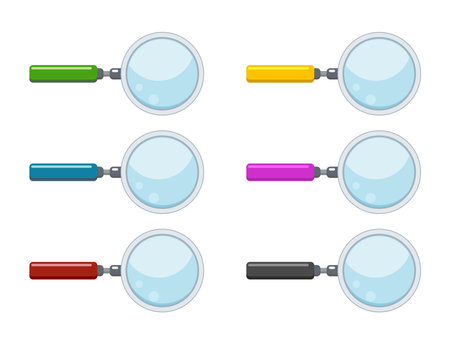 vector research magnifying glass icon set isolated on white background. colorful glass magnifier search symbol. zoom loupe for research illustrationsのイラスト素材