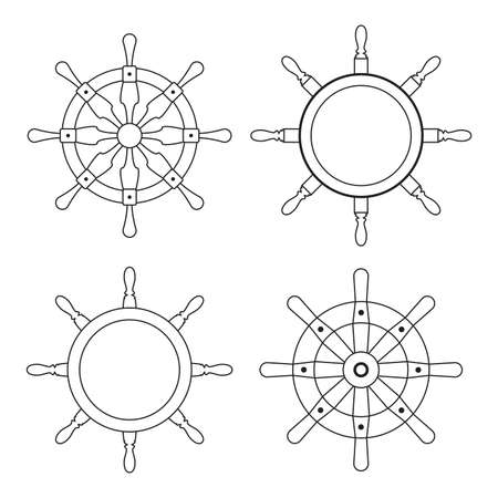 vector steering wheels of a ship, boat or yacht isolated on white background. outlines. rudder direction concept. nautical or travel thin line symbol. wooden steer wheel setのイラスト素材