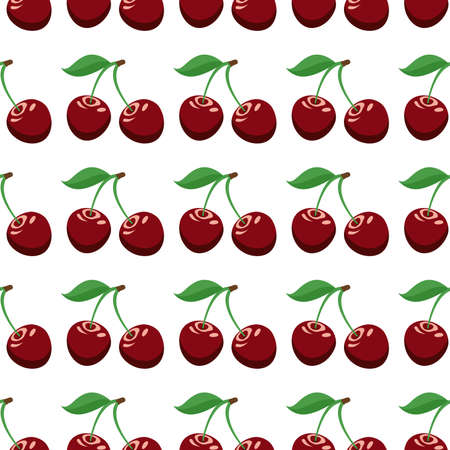 vector red cherry seamless pattern. cherry fruit with leaves background illustration. colorful...
