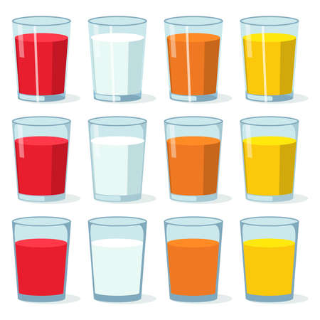 vector set of colorful glasses with tasty fresh juice and milk isolated on white background. tomato, carrot, orange juice and fresh milk in a glass. eps10 illustrationのイラスト素材