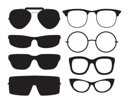 vector set of sunglasses and glasses isolated on white background, sun protection and eyesight optical vision symbols. modern and retro collection of sunglasses and glassesのイラスト素材