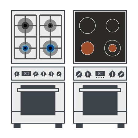 vector set of kitchen gas and electric cookers isolated on white background. hob gas and electric cooker iconsのイラスト素材