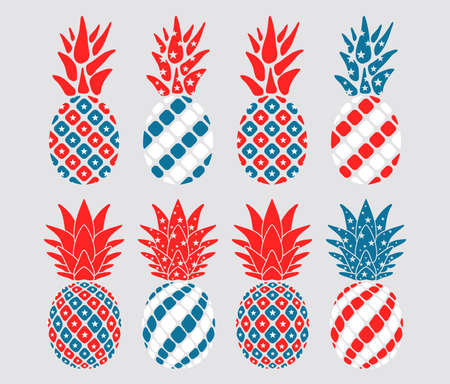 vector pineapple set for 4th july, american patriotic day holiday, hipster graphic style. independence day background with pineappleのイラスト素材