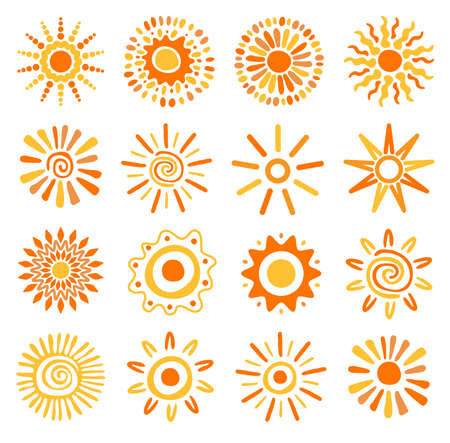 vector icons of suns isolated on white background. collection of yellow sun symbols, flat styleのイラスト素材