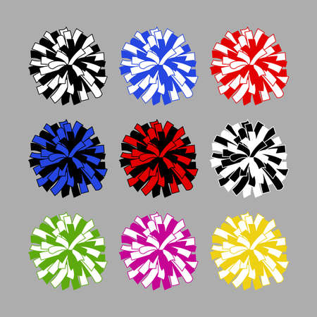 vector set of colorful pom poms. fur fluffy balls isolated on gray background. birthday pompom decor design. collection of decorative pomponsのイラスト素材