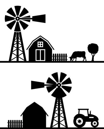 vector farm landscape silhouette with fence, barn, windmill, cow and tractor isolated on white background. country farmland backgroundのイラスト素材