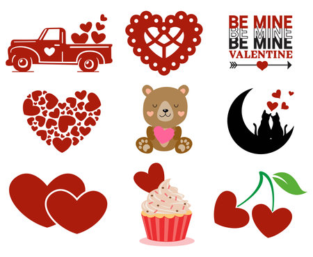 vector valentines day romance set isolated on white background. truck, red heart, love arrow, bear, moon, cats, cupcake and cherries. happy valentine's day celebration symbolsのイラスト素材