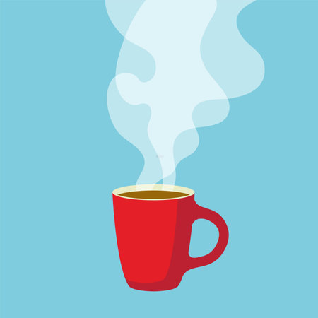 vector hot coffee cup symbol isolated on blue background. flat icon of cappuccino or latte coffee with milkのイラスト素材