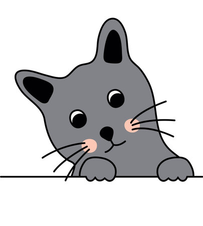 vector funny cartoon of black cat isolated on white background. greeting card with cute cat and copyspace for textのイラスト素材