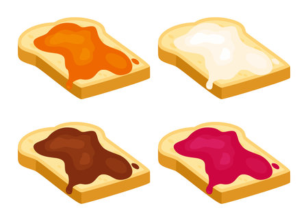vector set of white toast bread slices with chocolate and fruit jam of apple, apricot, blueberry, peach, raspberry and strawberry. top view of jam sandwich, flat styleのイラスト素材
