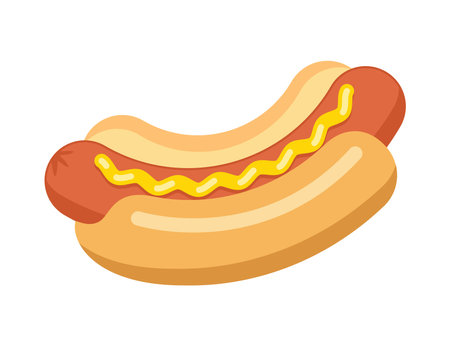 vector hot dog isolated isolated on white background. american fastfood symbol of bread with sausage and mustard. fast food hotdog cartoon, cut bread bun and whole sausageのイラスト素材