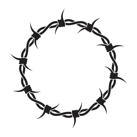 vector hand drawing of barbed wire round  boundary isolated on white background. barbed wire round frame border with copy spaceのイラスト素材