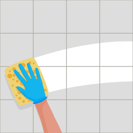 vector illustration of houseworker wiping bathroom tiles with yellow sponge. home cleaning and hygiene concept. surface cleaning, wiping, disinfectionのイラスト素材