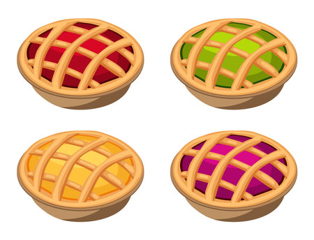 vector collection of homemade fruit and berry pies for christmas, thanksgiving, birthday and all kinds of holidays. homemade fruit pie icons isolated on white backgroundのイラスト素材