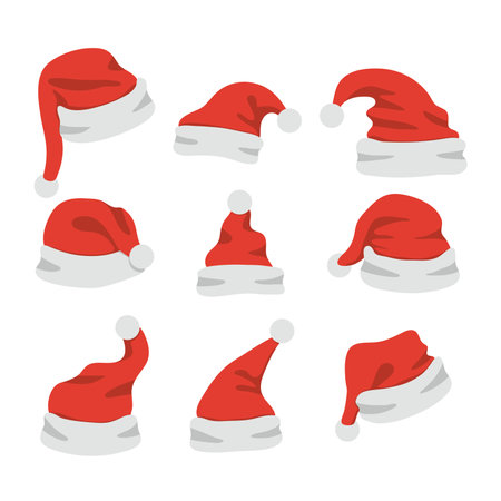 vector christmas collection of santa claus hats isolated on white background. holiday santa cap for christmasのイラスト素材