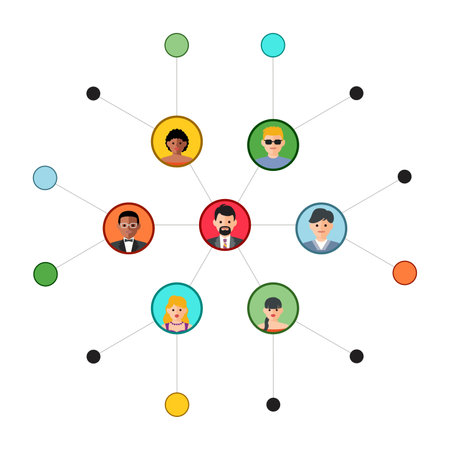 vector illustration of a social media network. people connected to each other by network. flat circles and lines. people iconsのイラスト素材