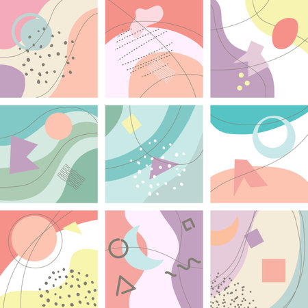 vector set of abstract backgrounds of pastel colors with hand drawn various modern colored shapes and line arts. creative banner templateのイラスト素材