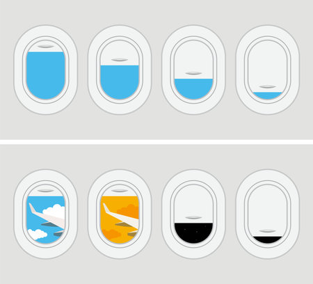 vector set of aircraft windows with curtains in different positions. view from airplane window. sky gaze. plane travel conceptのイラスト素材