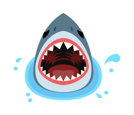 vector cartoon of aggressive shark in sea. life danger swimming illustration. scary shark fish with opened mouth in ocean water, underwater animal predator. warning against life dangerous activity in wildlife natureのイラスト素材