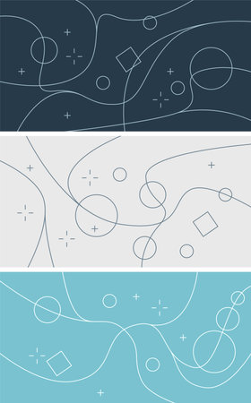 vector set of abstract avantgarde backgrounds of pastel colors with hand drawn line arts of various geometric shapes. creative banner templateのイラスト素材