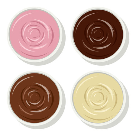 vector colorful puddings in bowls. milk custard cream, creamy chocolate paste and pink sause in a white dish. top viewのイラスト素材