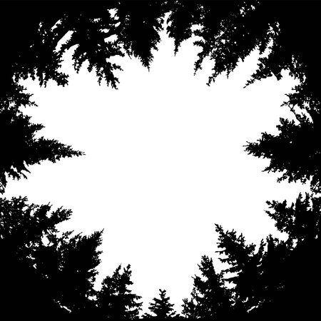 vector silhouette of dark forest tree tops. circle of black pine trees forming copyspaceのイラスト素材
