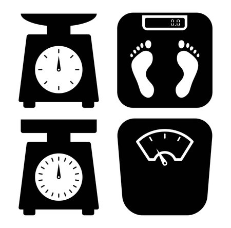 Vector weight scale icons isolated on white background. Health, fitness and wellness theme. Body weight controlのイラスト素材