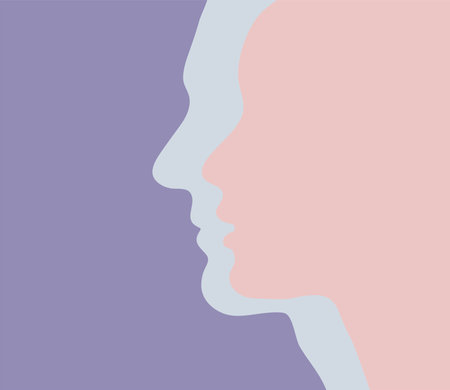 Vector profile silhouettes of a man and a woman looking in the same direction. Face of a man and a woman, side viewのイラスト素材