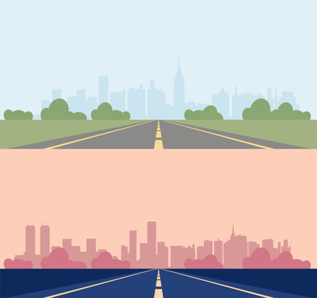 vector empty two lane road going to a city. skyline city buildings on the horizon. vanishing perspective view of the roadのイラスト素材