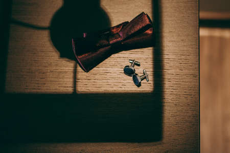 Shoes watch Butterfly necktie cufflinks groom for weddingの写真素材