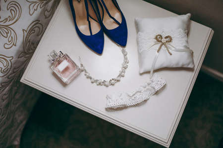 Bridesmaid dresses, shoes, garter, bouquet, rings, bracelet, beads, accessoriesの写真素材