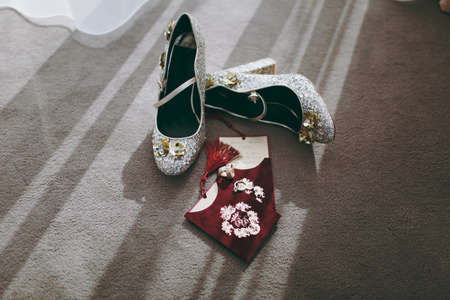 Bridesmaid dresses, shoes, garter, bouquet, rings, bracelet, beads, accessoriesの写真素材