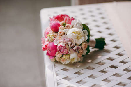 Beautiful bouquet of the bride in different color tonesの写真素材