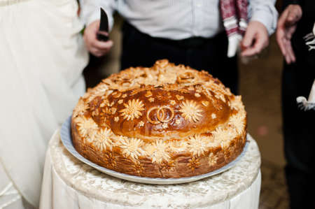 Wedding loaf. Embroidered towel. Bread loamの写真素材