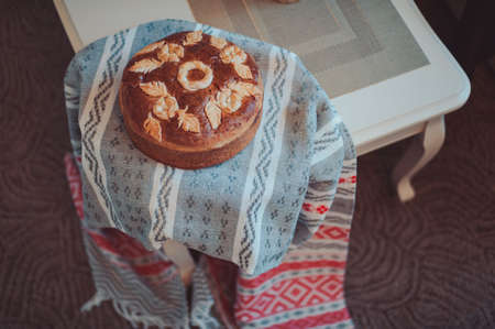 Wedding loaf. Embroidered towel. Bread loamの写真素材
